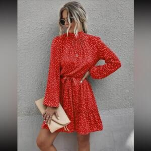 Red Polka Dot Long Sleeve Dress with Waist Tie